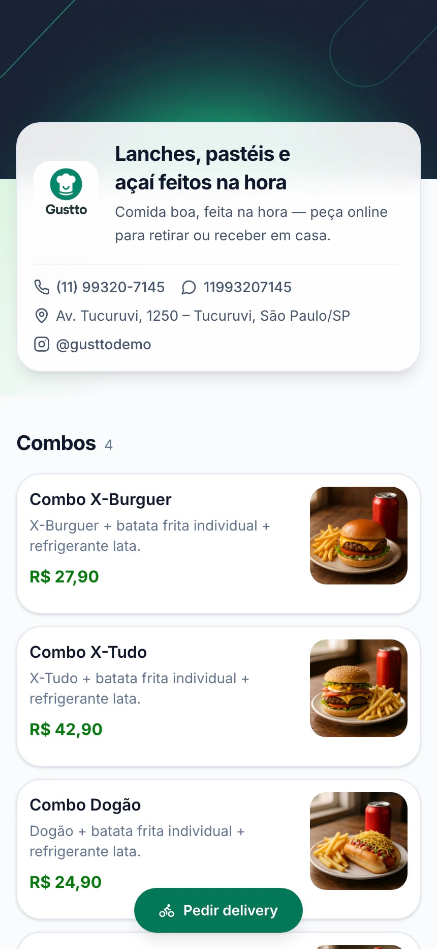 Cardápio digital do Gustto aberto no celular do cliente, com fotos e preços dos produtos