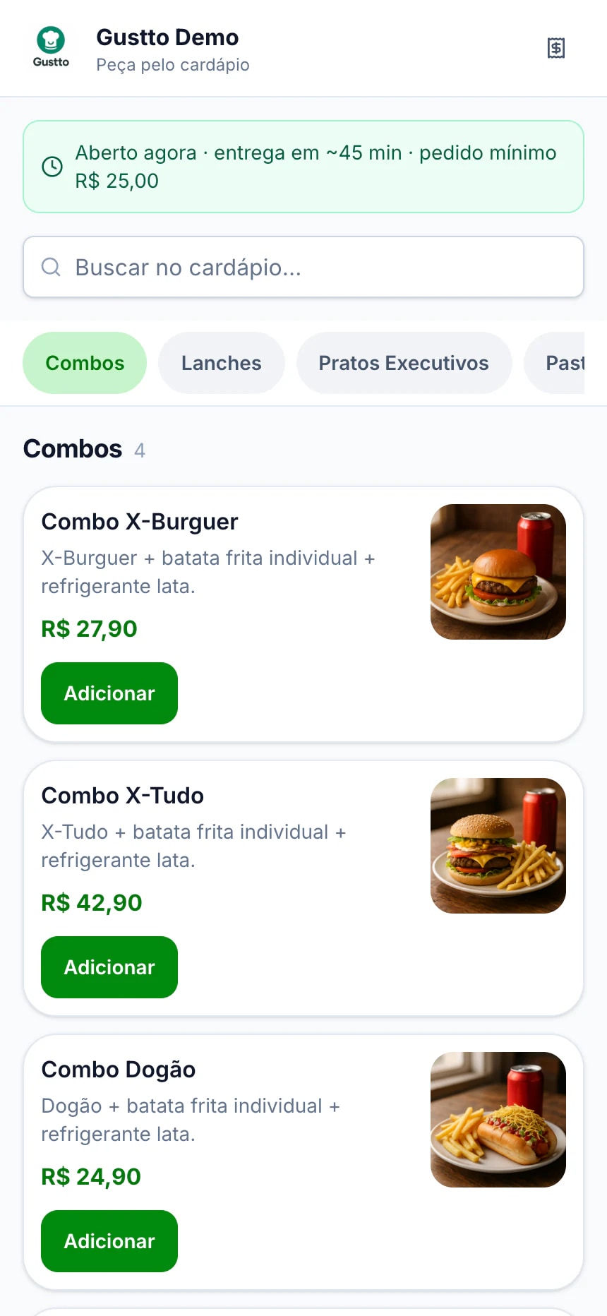 Tela de delivery do Gustto no celular do cliente, com tempo de entrega, pedido mínimo e botão de adicionar ao carrinho