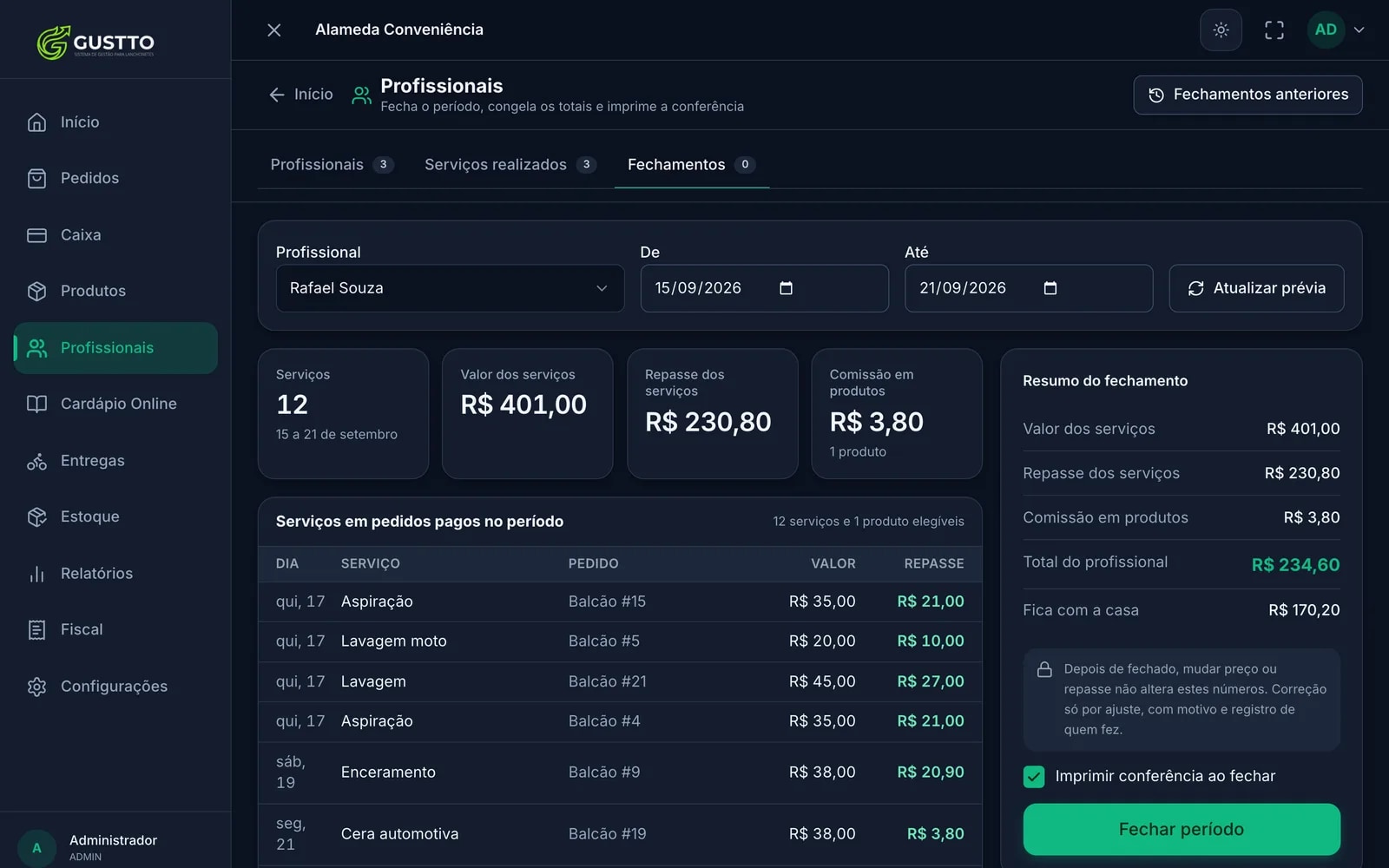 Prévia de fechamento de um profissional no Gustto: doze serviços no período, valor dos serviços, repasse, comissão em produtos, total do profissional e quanto fica com a casa