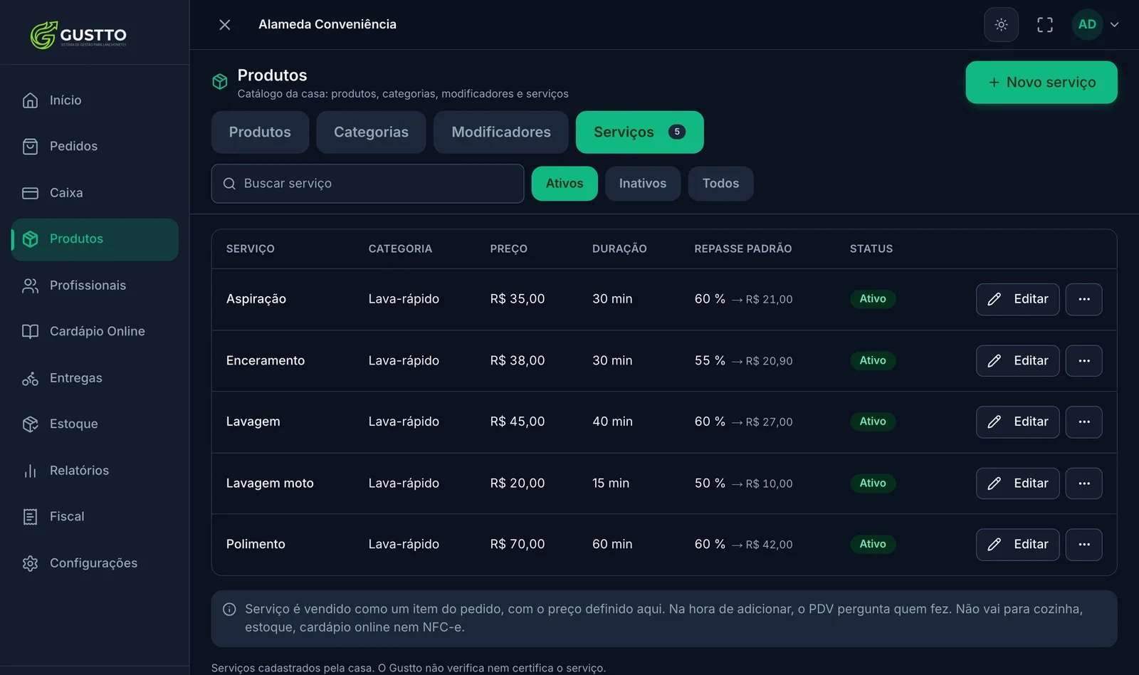 Tela de Produtos do Gustto na aba Serviços, com cinco serviços cadastrados e o preço, a duração e o repasse padrão de cada um em reais