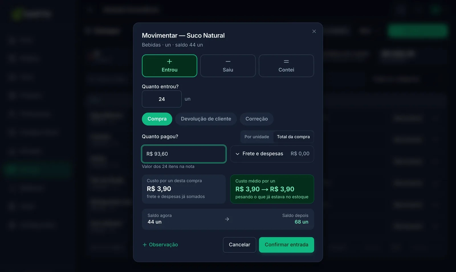 Painel Movimentar do estoque do Gustto aberto num item: os três verbos entrou, saiu e contei, a quantidade e o valor da compra, o custo médio e o saldo que sai de 44 para 68 unidades