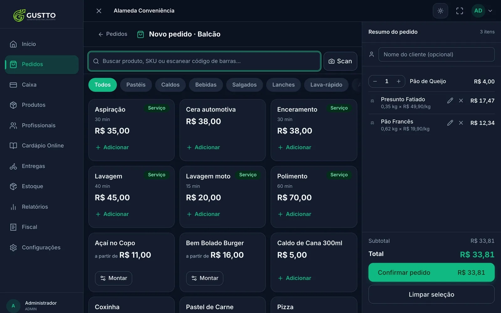 Novo pedido de balcão no Gustto com itens vendidos por peso: cada linha mostra o peso em quilos, o preço por quilo e o valor calculado, ao lado de um item vendido por unidade